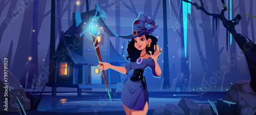 Magic witch and house at night Halloween landscape. Spooky forest with cute woman character in costume. Fantasy magician game background. Illustration with wizard hut and wicked young girl in dress