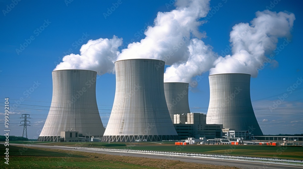 Pollution impact. smokestacks and gas pipelines from nuclear power plant affecting environment Pollution impact. smokestacks and gas pipelines from nuclear power plant affecting environment