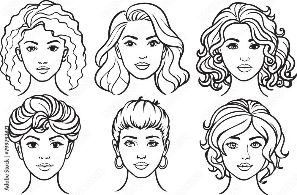 Vector set of women with different hairstyles in black and white colors Vector set of women with different hairstyles in black and white colors