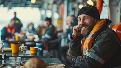 An inspiring shot of workers taking a break in the shipyard cafeteria, fostering camaraderie and teamwork among colleagues in the maritime industry. 