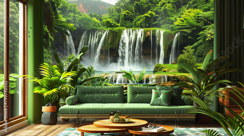 Lush green tropical poster with waterfall, set in a room with green couch and wooden decor. © Tahir