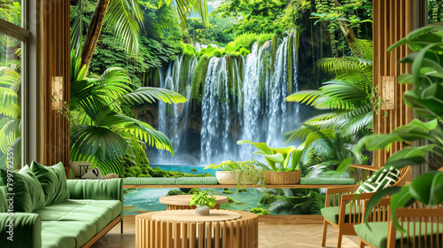 Vibrant poster of tropical greenery and waterfall in a living room with a green sofa. © Tahir