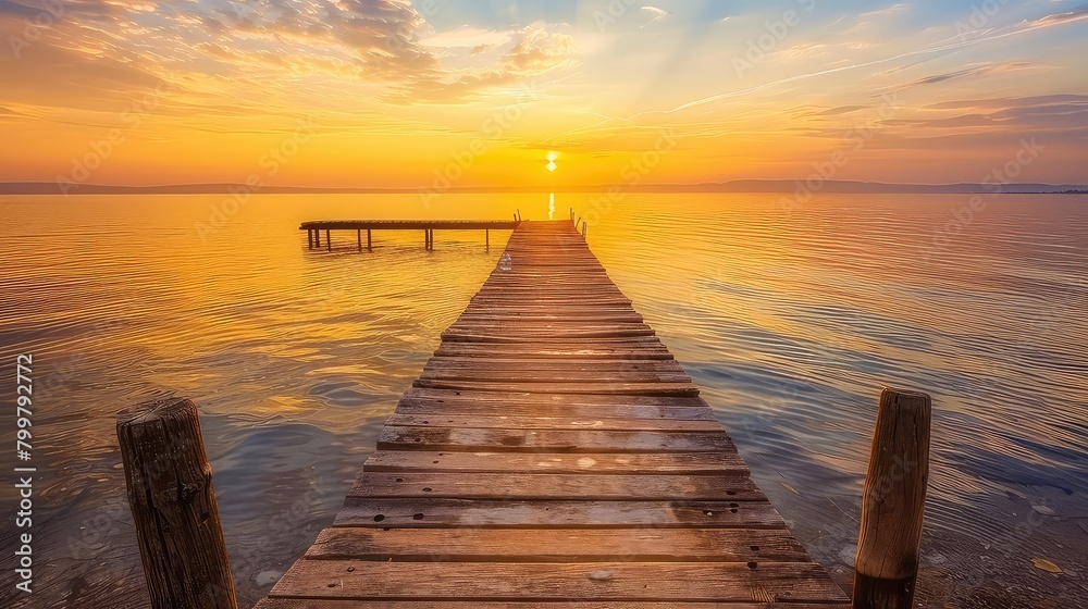 An old wooden dock stretches into the calm waters of the lake, bathed in the warm hues of a sunset. 