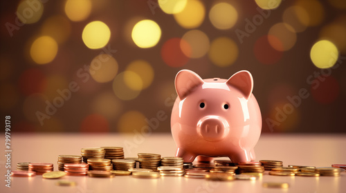Piggy Bank and Coins atop a Pile: A Wealthy Piggy's Savings