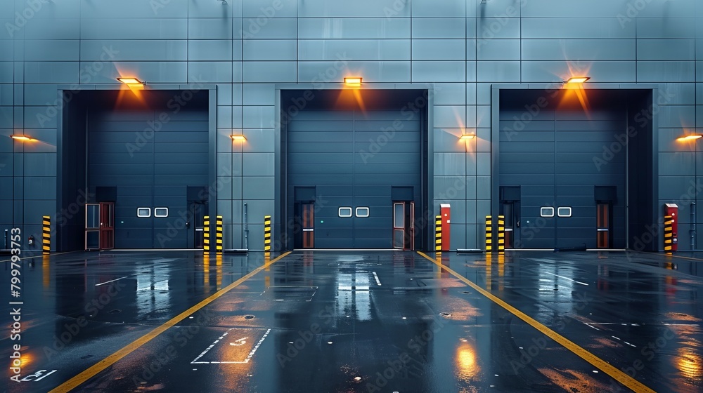 Naklejka premium Modern Warehouse Gates in Rainy Twilight