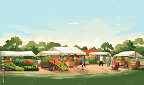 Local Farmers Market with Organic Produce Stalls isolated vector style illustration