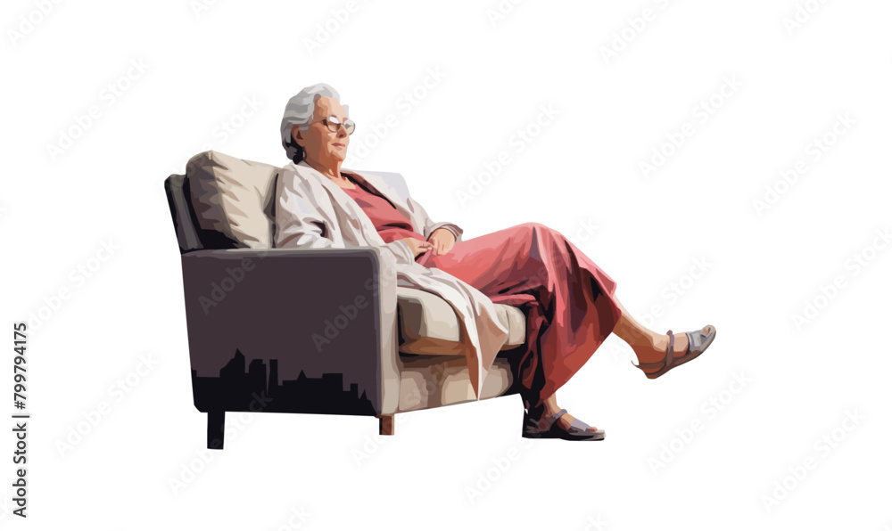 Old woman sitting on sofa isolated vector transparent background Old woman sitting on sofa isolated vector transparent background