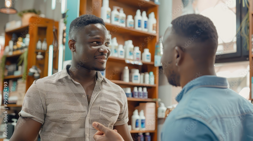 Confident man discussing grooming tips and haircare products with his barber. 