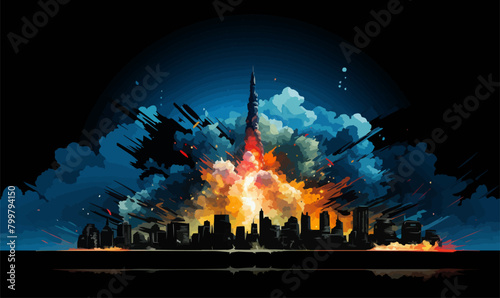 tactical ballistic missile hitting destroyed city isolated vector style with transparent background illustration