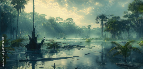 Fototapeta Naklejka Na Ścianę i Meble -  Open wide landscape with prehistoric forest and palm trees, fern trees, fern, engulfed in fog layers, swamp water, clusters of large broken branches and broken tree debris. Generative AI.