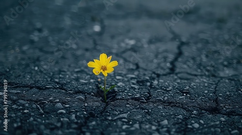 Crack of hope: A delicate flower bursts through the asphalt, its presence a reminder that even in difficult times, hope can thrive. © sambath