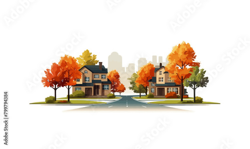 autumn street suburb district houses vector simple isolated illustration