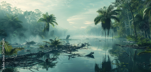 Open wide landscape with prehistoric forest and palm trees, fern trees, fern, engulfed in fog layers, swamp water, clusters of large broken branches and broken tree debris. Generative AI.