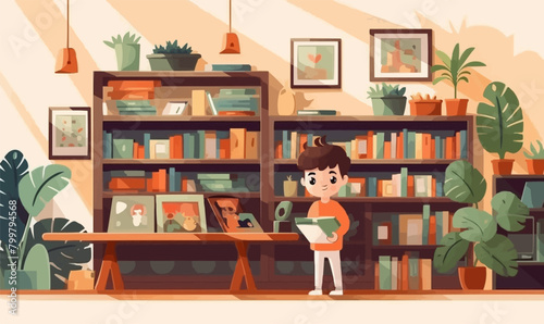 kid in bookstore vector flat minimalistic isolated illustration