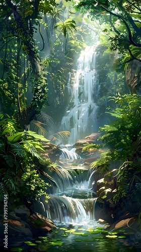 Captivating Tropical Waterfall Cascading Through Lush Jungle Foliage