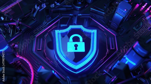 Cybersecurity shield icon in neon blue photo