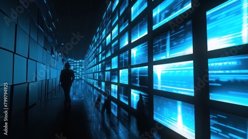 digital intruder with screens in shadowy blue. photo