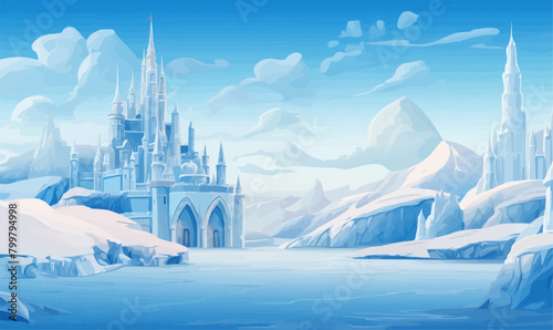 snowy landscape with ice castle vector simple 3d isolated illustration © Coosh448