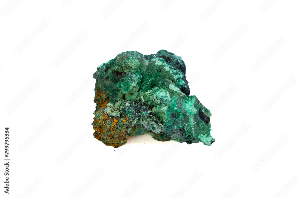 natural green malachite rough gem stone on the white background
