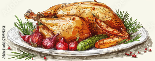 Baked turkey with vegetables and spices lies on a plate hand drawn sketch. vector simple illustration