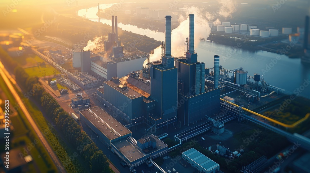 Fototapeta premium A large modern waste disposal factory with smoking pipes, Aerial high view. Generative AI.