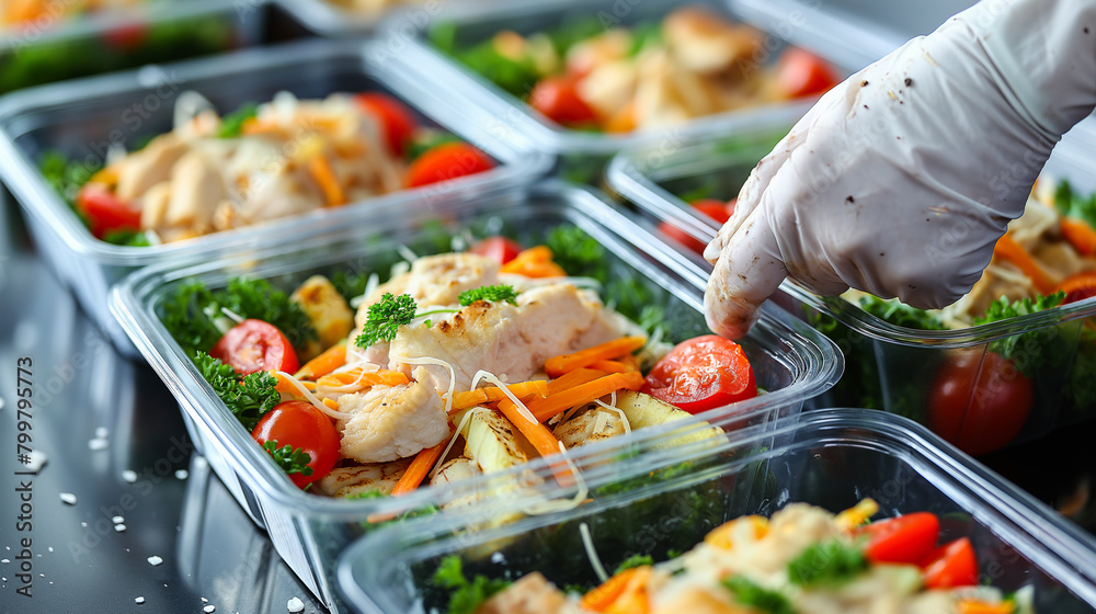 Salad Carry In Preparing takeaway chicken salad meals for delivery. Gloved hand ...