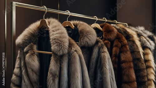 A line of opulent fur Coats in MIRONE COLOUR are arranged neatly on a rack in an elegant boutique.