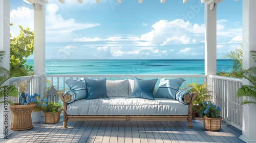 Outdoor Sofa Coastal Escape  An illustration of an outdoor sofa on a coastal deck  overlooking the ocean