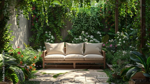 Outdoor Sofa Garden: A 3D illustration of an outdoor sofa set in a lush garden