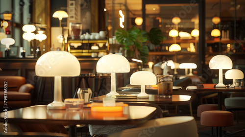 Stylish cafe lit uniquely by an array of harmoniously designed Italian table lamps.