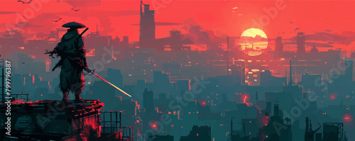 futuristic samurai standing on a building in cyberpunk city. vector simple illustration