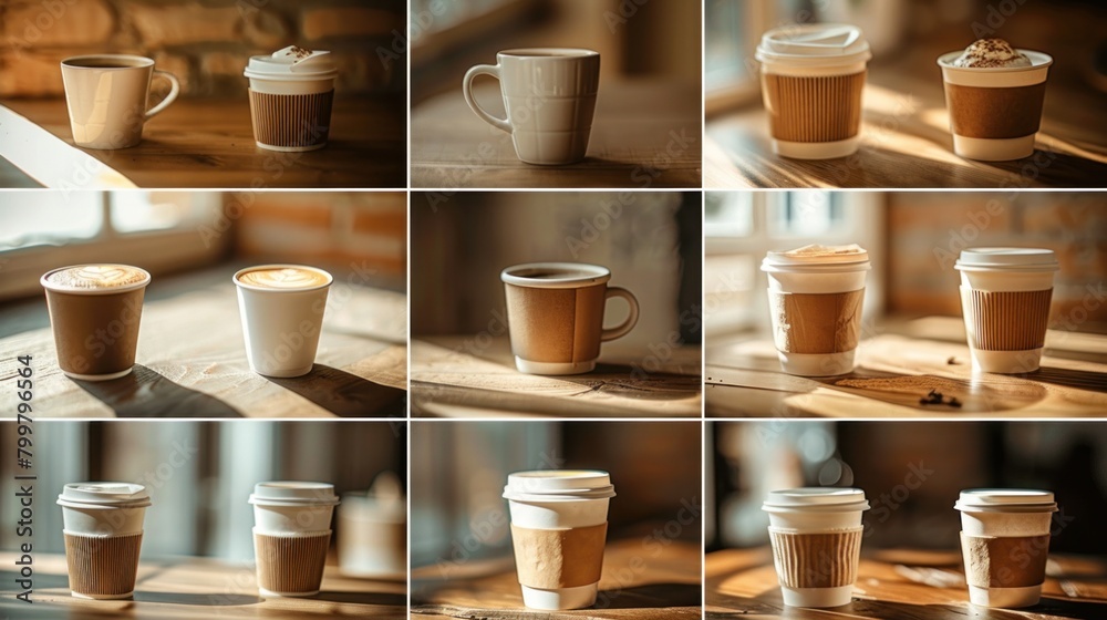 A montage of mockup coffee cup images evokes a sense of warmth and familiarity, perfect for advertising campaigns.