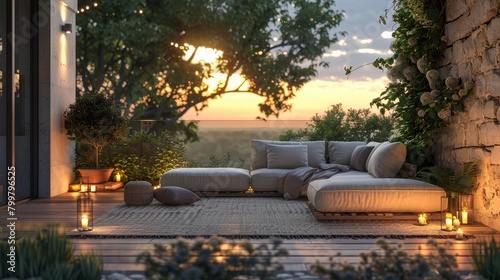 Outdoor Sofa Terrace: A 3D illustration of an outdoor sofa on a terrace, with stylish decor and lighting