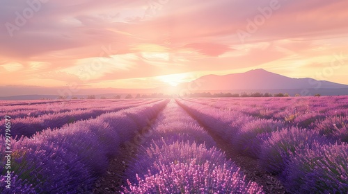 Lavender dreams at dawn: A tranquil sunrise bathes the lavender fields in warm light, inviting serenity and relaxation. 