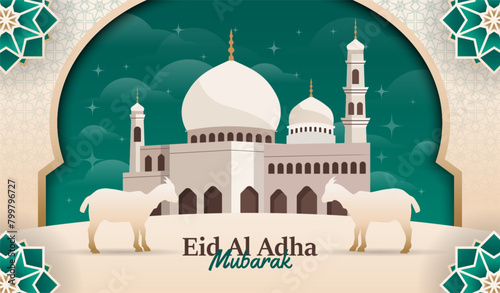 Vector Eid-Al-Adha Green and Islamic Pattern background with a Mosque and goat good for banner.