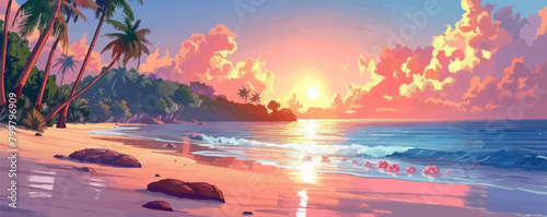 A secluded beach where gentle waves wash the golden sand, with a rocky cape visible in the distance. Vector illustration.