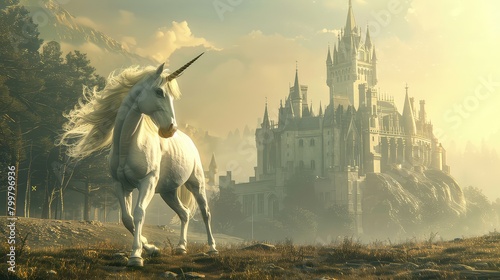 Majestic unicorn gracefully prances before a grand castle, a scene straight out of a fairy tale.  photo
