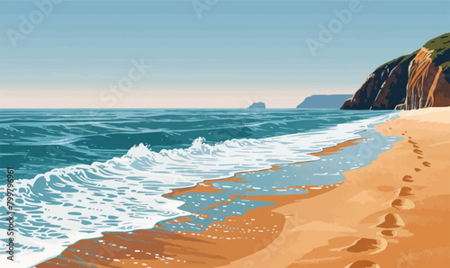 A secluded beach where gentle waves wash the golden sand, with a rocky cape visible in the distance. Vector illustration.