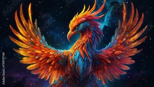 Sunlit Celestial Wings in Night Sky, Fantasy colorful bird
