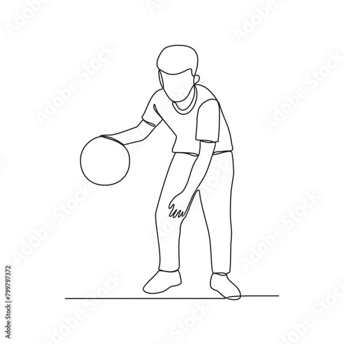 One continuous line drawing of a child playing basketball vector illustration. The child dribbling the ball, passing the ball, and shooting the ball at the hoop. Basketball design concept illustration © RM Design