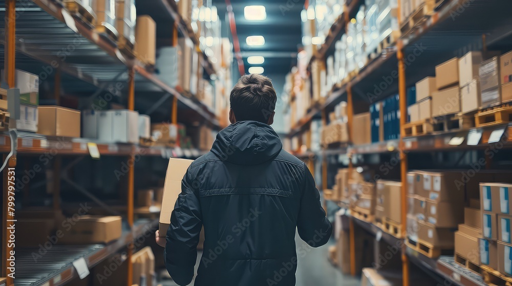 Parcel in hand, delivery man navigates through the warehouse to reach the dispatch area. Parcel in hand, delivery man navigates through the warehouse to reach the dispatch area.