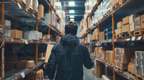 Parcel in hand, delivery man navigates through the warehouse to reach the dispatch area.  photo