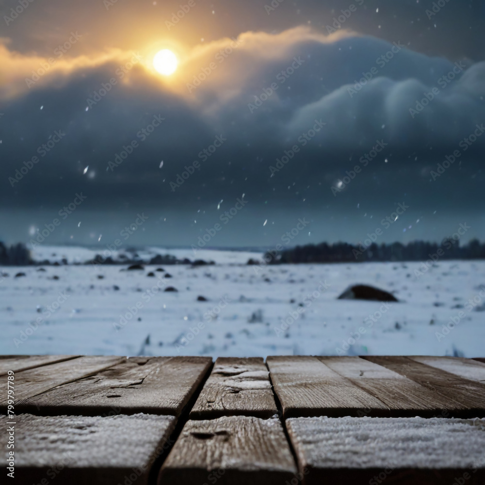 Winter Table - Snowy Plank With Snowfall In The Cold Sky