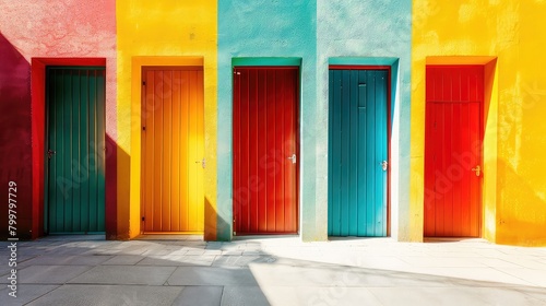 Portal to happiness: Abstract doors stand tall in the sunshine, offering glimpses of joy and excitement on a sunny summer day. 