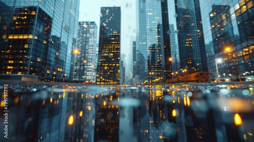 3D Rendering of modern skyscraper buildings in large city at night with reflection on wet puddle street after raining.