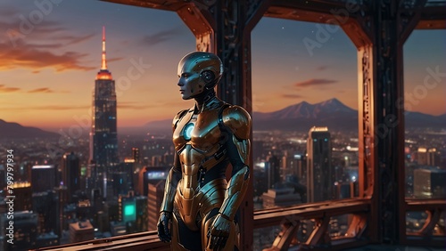 Earth's future city skyline features a monumental sculpture in bronze, embodying history, culture, and religion in Future's architectural marvels photo