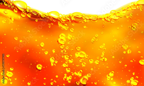 Orange beer or soda drink texture with bubble. Yellow fizzy water closeup wallpaper. Fizz juice or honey art design. Realistic 3d golden octoberfest beverage with reflection. Carbonated oil wave