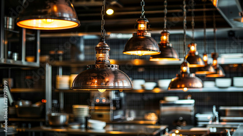 Trendy restaurant's industrial kitchen lit by Italian hanging fixtures blending styles.