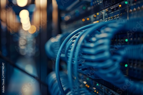 Closeup of organized networking cables in a server room. Concept Server Room, Network Cables, Organization, Closeup Shot, Technology