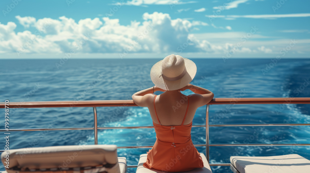 Young woman relaxing on an outdoor deck of a cruise ship looking at view of the sea on a luxury travel to cross the ocean Young woman relaxing on an outdoor deck of a cruise ship looking at view of the sea on a luxury travel to cross the ocean